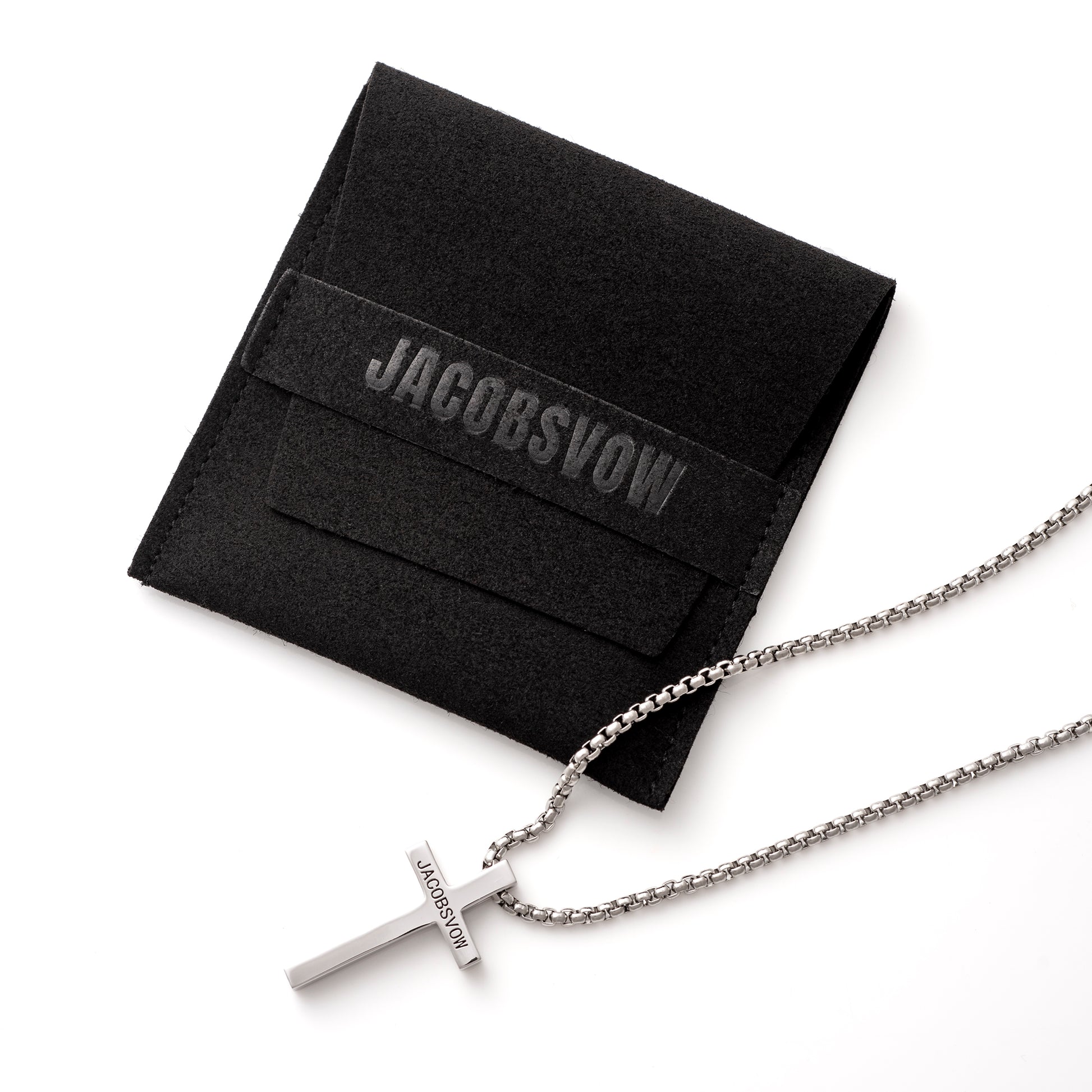 925 Sterling Silver Men's Cross Chain On Top Of Jacobsvow Jewelry Pouch