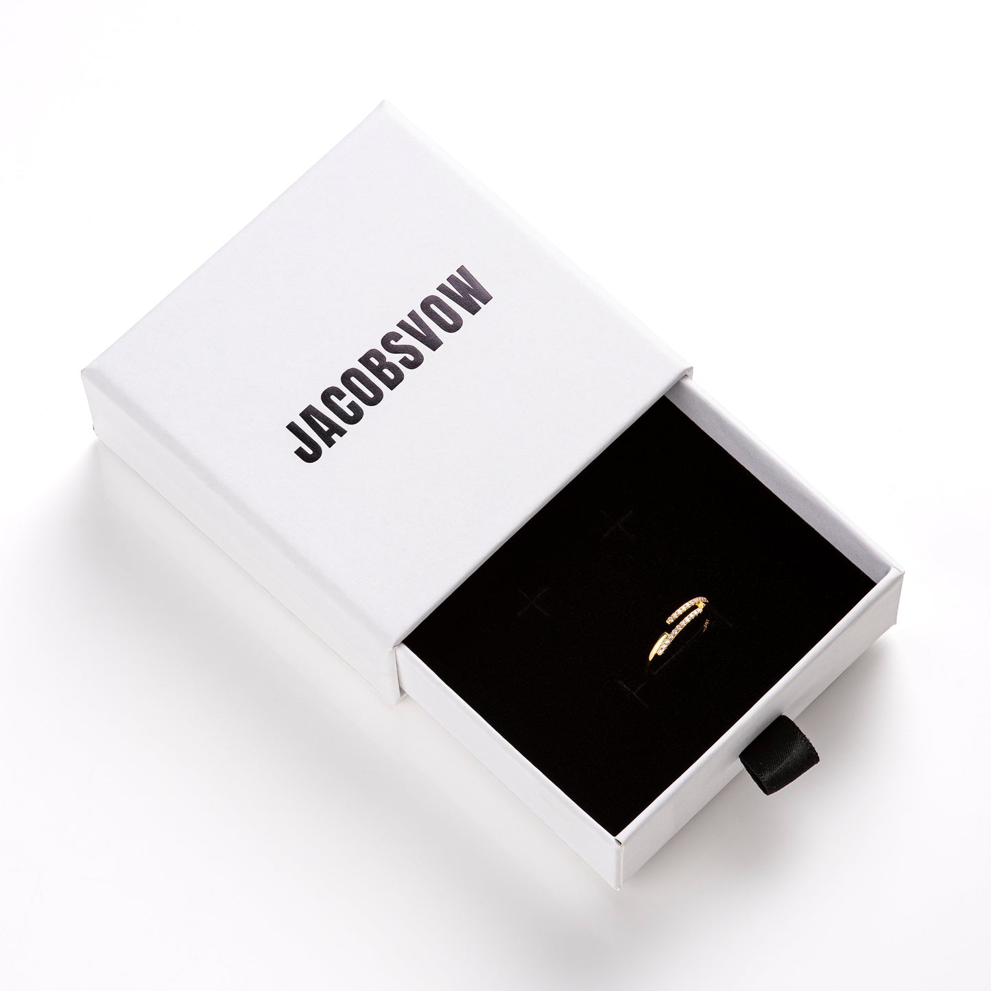 Jacobsvow 18k Gold Adjustable Stacking Ring Inside Jewelry Box