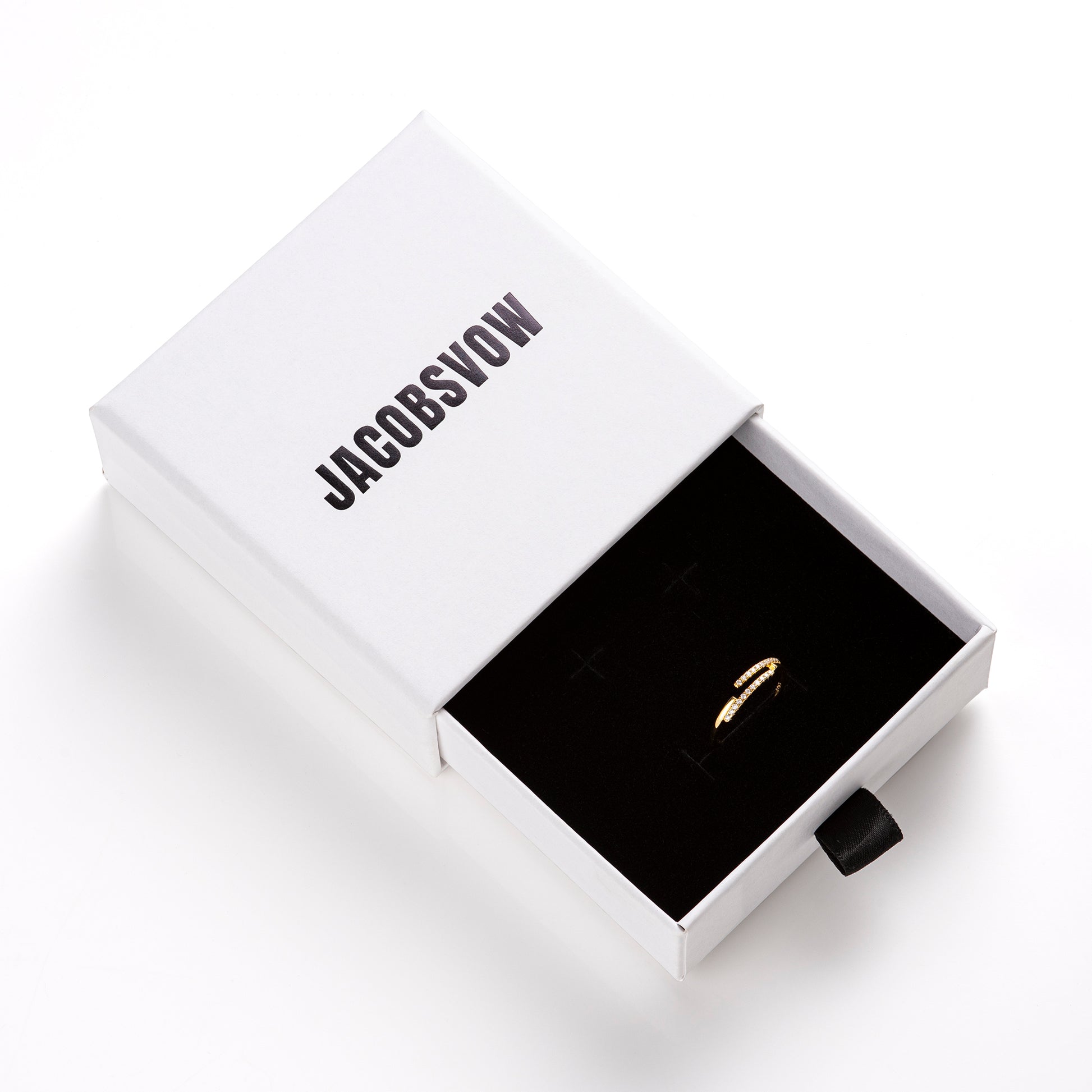 Jacobsvow 18k Gold Adjustable Stacking Ring Inside Jewelry Box