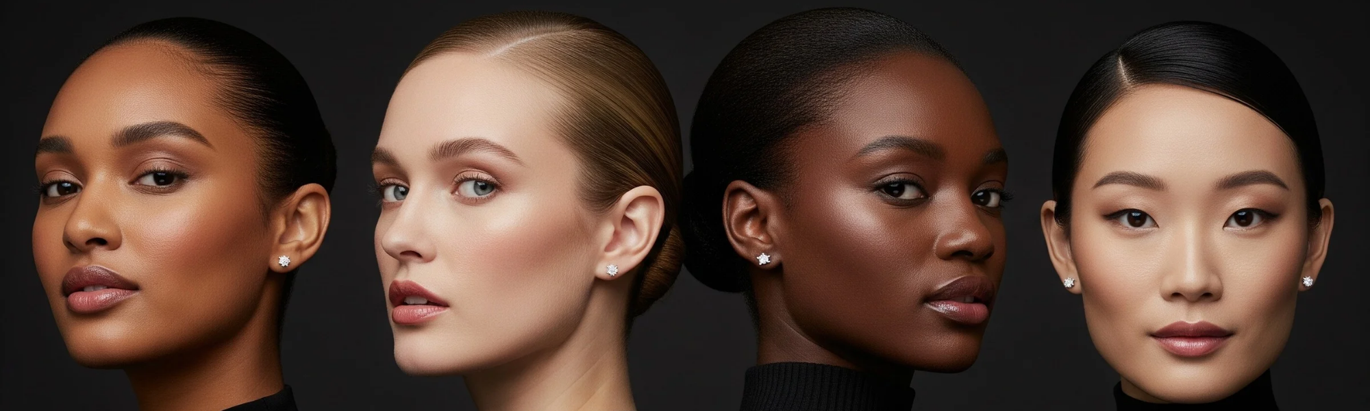 Four women of different ethnicities wearing 6mm cubic zirconia sterling silver studs by JACOBVOW on a dark background